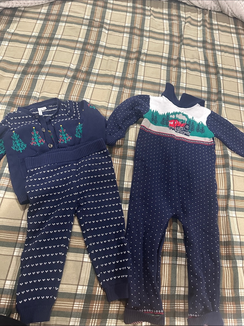 Janie and Jack Navy Blue Holiday Knit Matching Set with Green Tree Accents